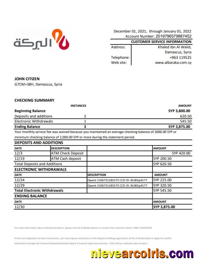 Syria Al Baraka bank statement xls